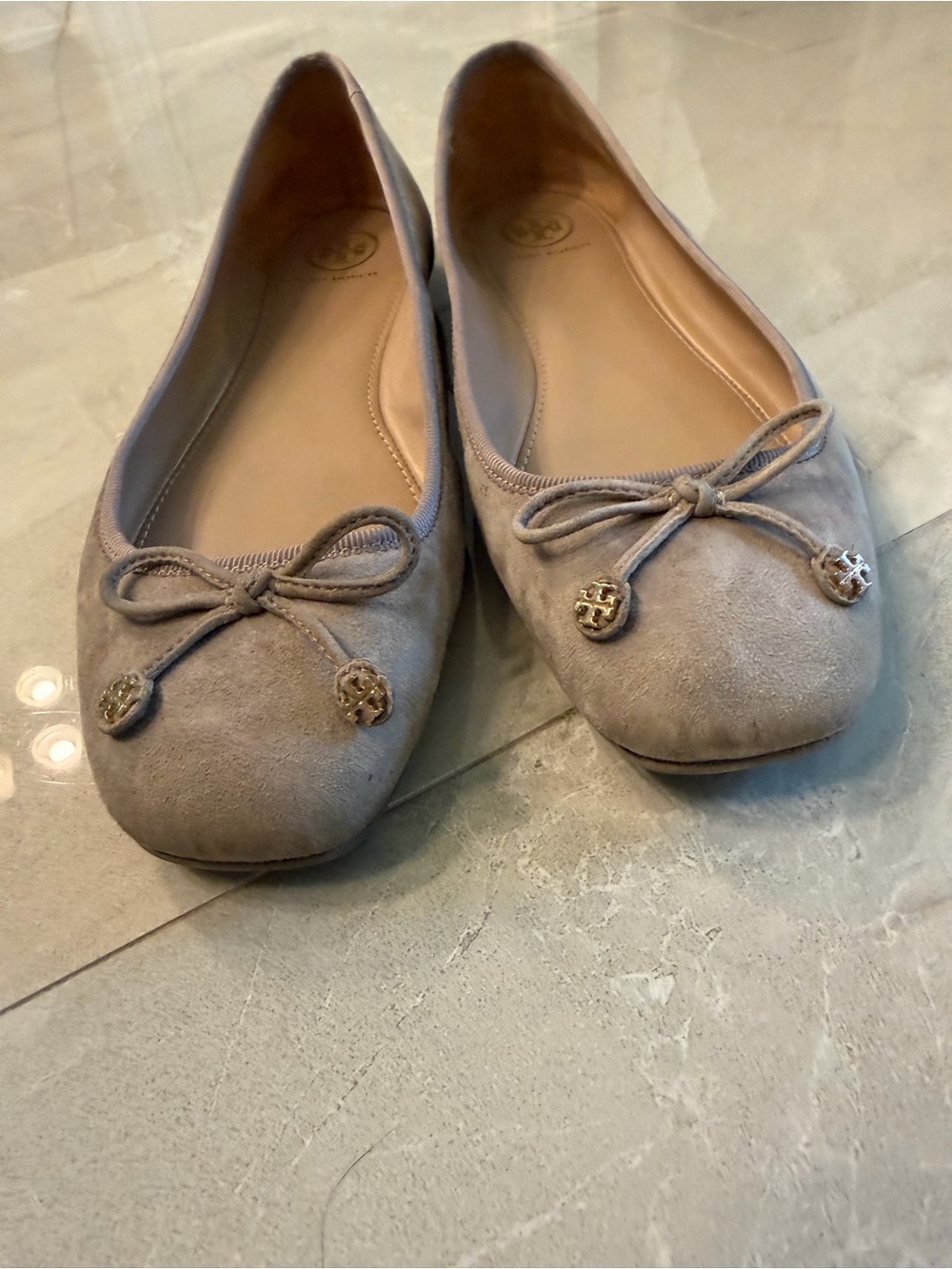 Tory Burch Taupe Suede Ballet Flats with Gold Logo Charms